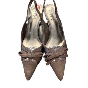 Franco Sarto Brown Suede and Metallic Slingback Kitten Heels with Bow Detail